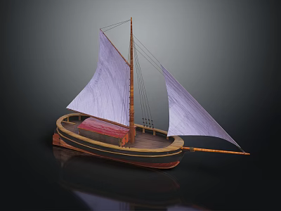 Sailing Boat Model With Wooden Hull Purple Sails And Red Cabin 3d model