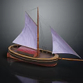 Sailing Boat Model With Wooden Hull Purple Sails And Red Cabin
