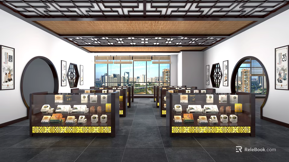 Traditional Chinese Specialty Store Interior With Patterned Ceiling Display Cabinets And City View 3d model