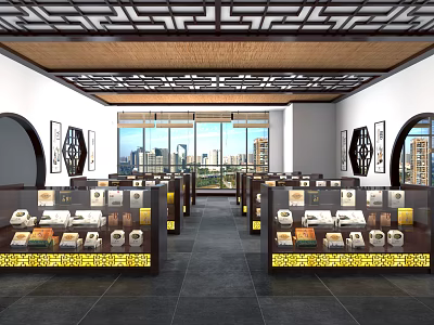 Traditional Chinese Specialty Store Interior With Patterned Ceiling Display Cabinets And City View 3d model