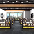 Traditional Chinese Specialty Store Interior With Patterned Ceiling Display Cabinets And City View 3d model