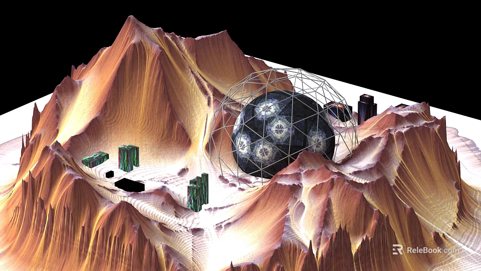 Art Installation with Spherical Metal Frame Geometric Patterns Green Columnar Elements on Earthy Mountain Terrain 3d model