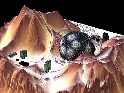 Art Installation with Spherical Metal Frame Geometric Patterns Green Columnar Elements on Earthy Mountain Terrain 3d model