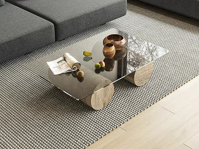 Modern Coffee Table With Glass Top And Wooden Legs In Living Room With Grey Sofa 3d model