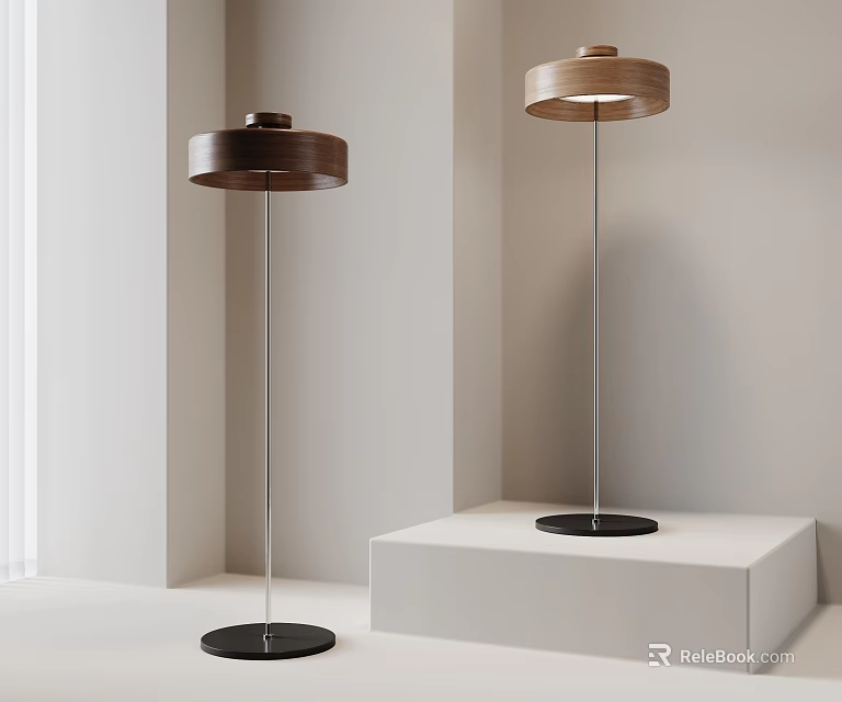Modern Floor Lamps With Wooden Shade Metal Pole And Black Base In Minimalist Room 3d model 