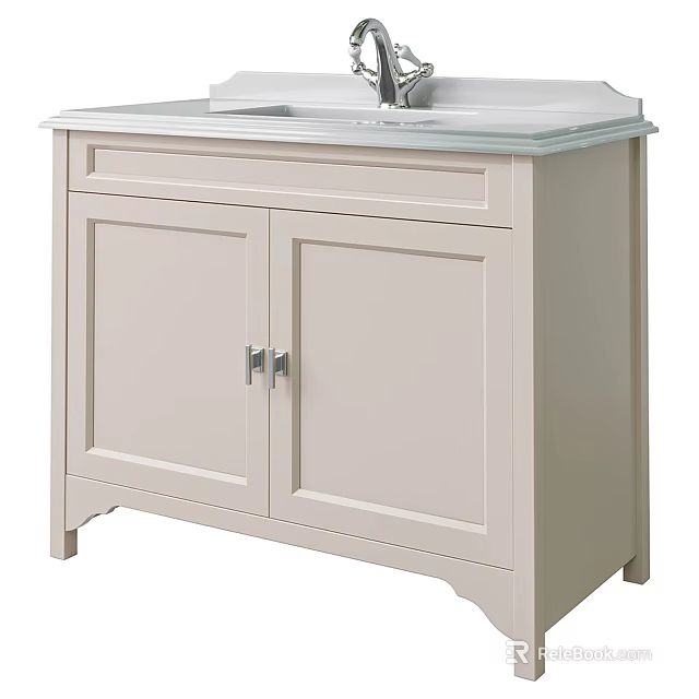 Light Colored Bathroom Vanity Washbasin With Double Doors And Silver Handles 3d model