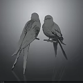 Silver Bird Sculptures Standing on Stands Against Dark Background With Reflections 3d model