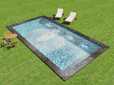 Outdoor Swimming Pool Area With Green Lawn White Lounge Chairs And Wooden Table And Chairs 3d model