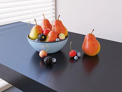 Fresh Pears Apples Grapes Cherries And Blackberries In Light Blue Bowl On Black Table 3d model