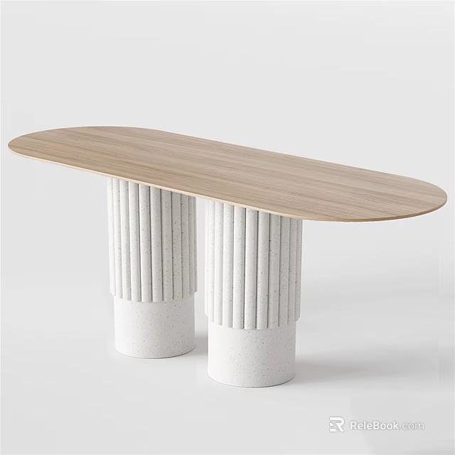 Elegant Light Wooden Oval Dining Table With White Striped Two Legs Design 3d model 