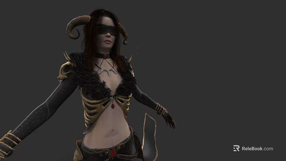 Mysterious Woman With Horns Blindfolded Wearing Skeleton Armor And Feather Details On Gray Background 3d model 