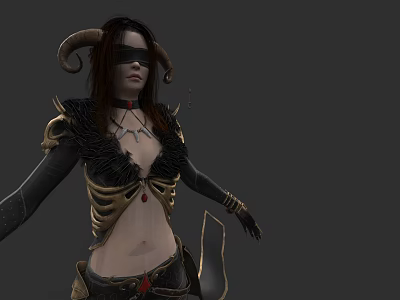 Mysterious Woman With Horns Blindfolded Wearing Skeleton Armor And Feather Details On Gray Background 3d model