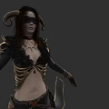 Mysterious Woman With Horns Blindfolded Wearing Skeleton Armor And Feather Details On Gray Background