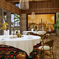 Elegant Private Dining Room With Wooden Ceiling Cage Chandeliers Decorative Paintings And White Tablecloths