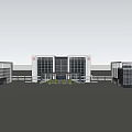 Modern Office Building Complex With Glass Facade Parking Area And Green Space