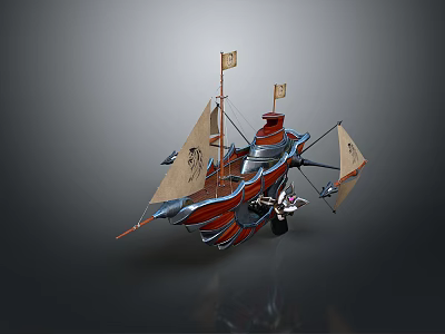 Unique Fantasy Sailing Ship With Red Silver Hull Multiple Sails And Flags 3d model