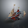 Unique Fantasy Sailing Ship With Red Silver Hull Multiple Sails And Flags 3d model