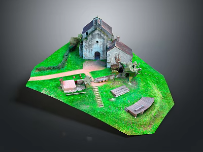Old Church Building With Stone Structure Steeple Green Grass Path And Benches 3d model