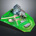 Old Church Building With Stone Structure Steeple Green Grass Path And Benches