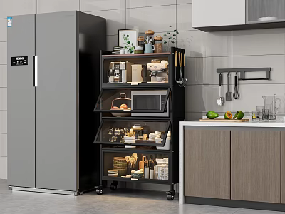 Modern Kitchen Side Cabinet With Glass Shelves Microwave Storage Fruit And Kitchen Utensils 3d model