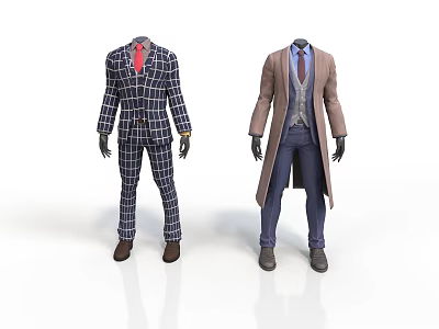 Men's Stylish Outfits With Plaid Suit Red Tie And Long Coat Vest 3d model