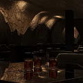 Dark Elegant Bar Interior With Chandelier Illuminated Wine Shelves Glassware And Marble Decor Accents