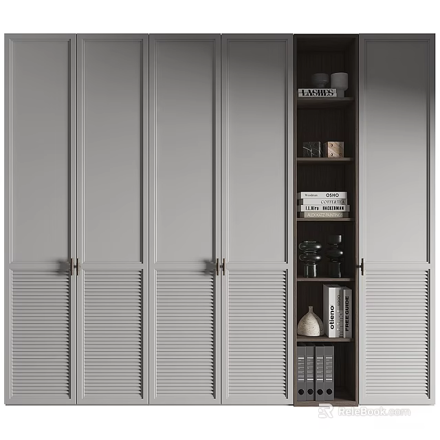 Modern Light Gray Wardrobe With Shutter Doors And Storage Shelves Interior Design 3d model
