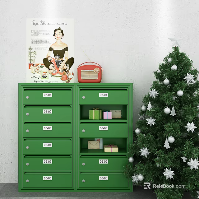 Green Numbered Cabinet With Drawers Containing Gifts Envelopes Red Radio Vintage Poster By Christmas Tree 3d model 