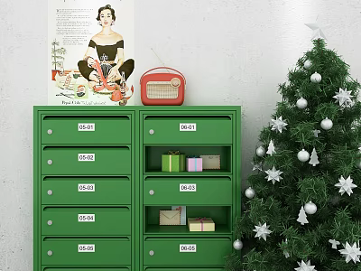 Green Numbered Cabinet With Drawers Containing Gifts Envelopes Red Radio Vintage Poster By Christmas Tree 3d model