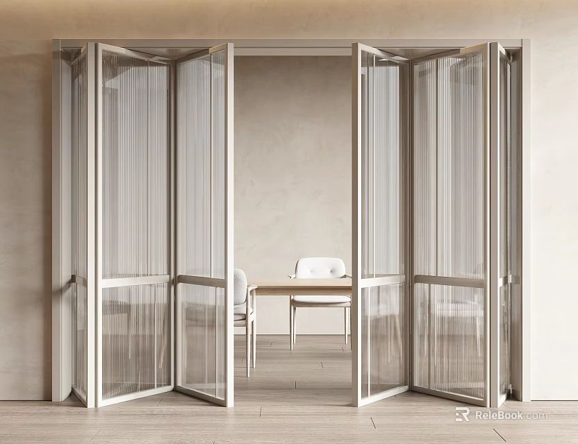 Modern Glass Folding Doors Open To Bright Dining Space With Table And Chairs 3d model 