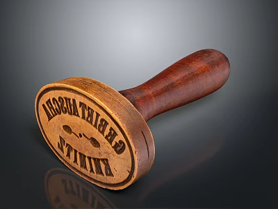 Vintage Wooden Stamp With Engraved Text Emblem Design And Brown Handle On Dark Background 3d model