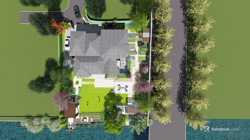 Residential Garden Landscape Design With Green Lawn Trees Pathways And Water Feature 3d model 