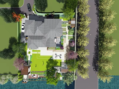 Residential Garden Landscape Design With Green Lawn Trees Pathways And Water Feature 3d model