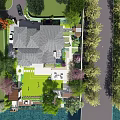 Residential Garden Landscape Design With Green Lawn Trees Pathways And Water Feature