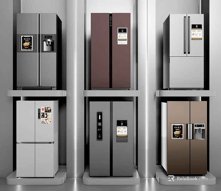 Modern Refrigerators and Freezers in Various Colors and Styles Displayed on Shelves 3d model 