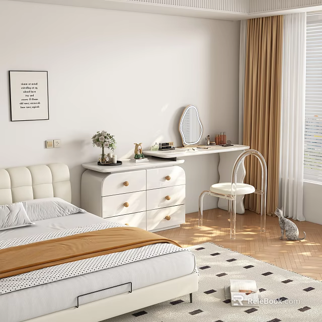 Modern Bedroom Dressing Table With Drawers Mirror Stool And Decorative Items 3d model