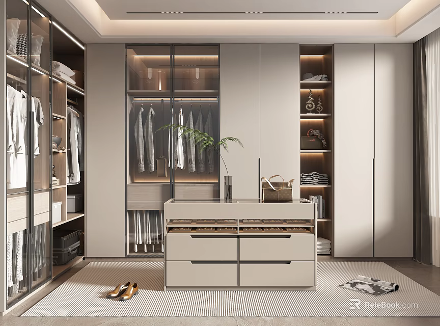 Modern Walk-in Closet With Glass Doors Hanging Clothes Drawer Chest Plant Shoes And Rug 3d model 