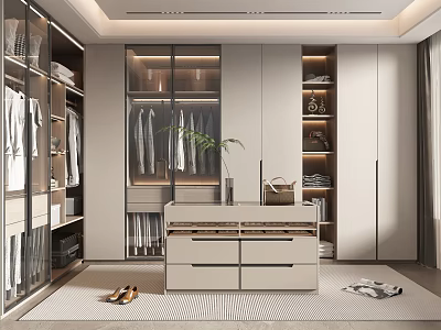 Modern Walk-in Closet With Glass Doors Hanging Clothes Drawer Chest Plant Shoes And Rug 3d model