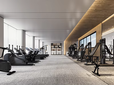 Modern Gym Fitness Equipment Spacious Bright Interior Large Windows Wooden Accents And Gray Carpet 3d model