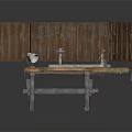 Vintage Wooden Workbench with Open Tool Cabinet Hanging Tools and Vise on Worn Surface
