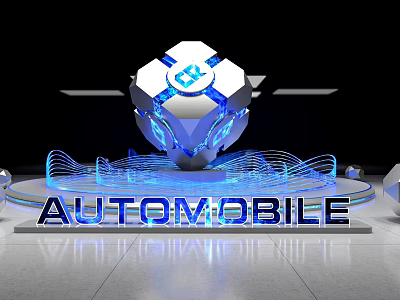 Futuristic Automobile Tech Display With Hexagon Structure Blue Lights And Wave Lines 3d model