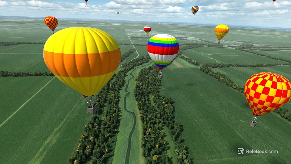 Colorful Hot Air Balloons As Amusement Equipment Flying Over Green Fields With Trees And Roads 3d model 