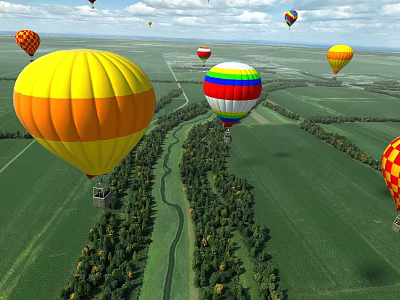 Colorful Hot Air Balloons As Amusement Equipment Flying Over Green Fields With Trees And Roads 3d model