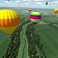 Colorful Hot Air Balloons As Amusement Equipment Flying Over Green Fields With Trees And Roads