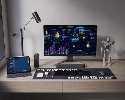 Modern Computer Monitor Setup With Data Charts Tablet Keyboard Mouse And Robot Model On Desk 3d model