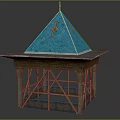 Blue Pyramid Tower With Golden Decorations And Wooden Carved Base Structure