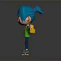 Cartoon Character With Blue Hair Green Shirt And Blue Pants On Skateboard Arms Outstretched