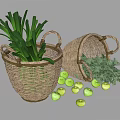 Natural Wicker Storage Baskets With Fresh Green Vegetables Foliage And Scattered Green Apples