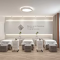 Modern Minimalist SPA Room Interior With Massage Beds Wooden Flooring Round Light And Mirrors