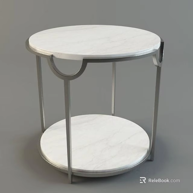Modern Round Side Table with White Marble Top and Silver Metal Frame and Lower Shelf 3d model 